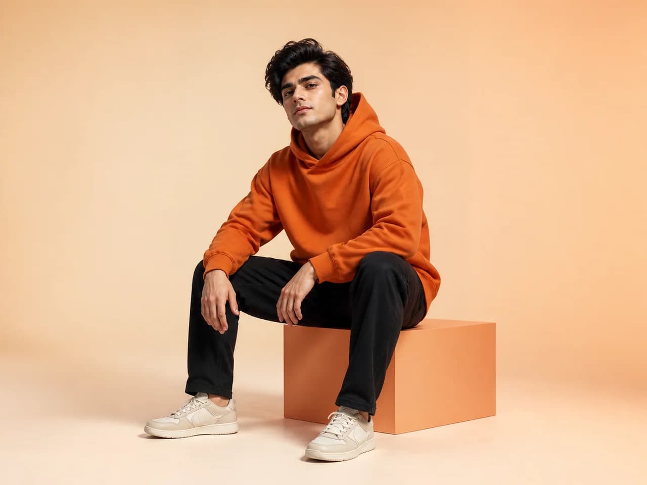 Male GenXport model wearing a plain oversized hoodie for E-commerce Brands