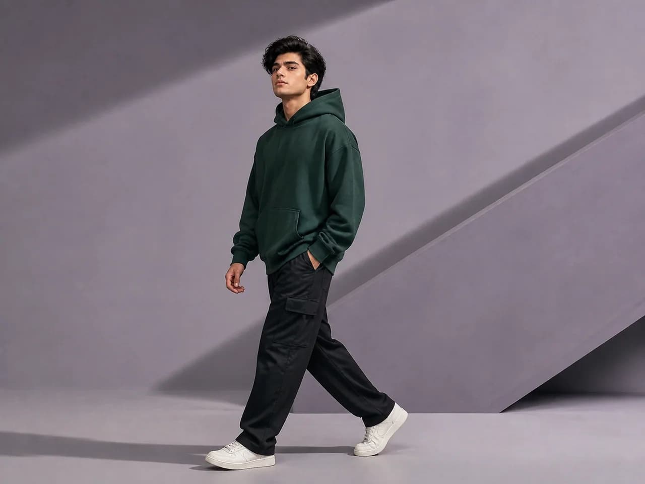 Male GenXport model wearing a plain oversized hoodie for Importers