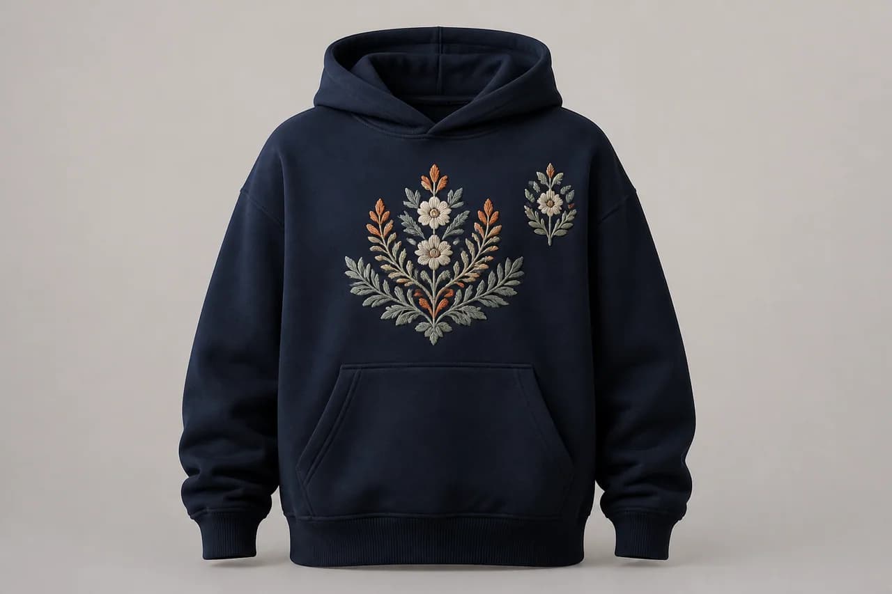 Embroidered logo stitched onto a garment panel