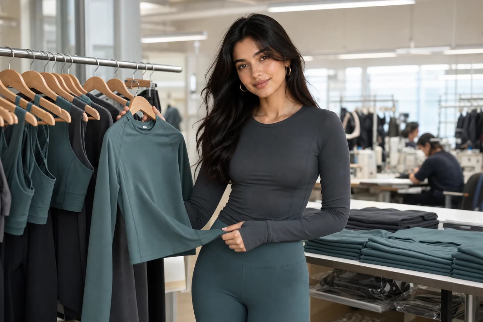 Activewear brand founder reviewing finished garments in a production studio