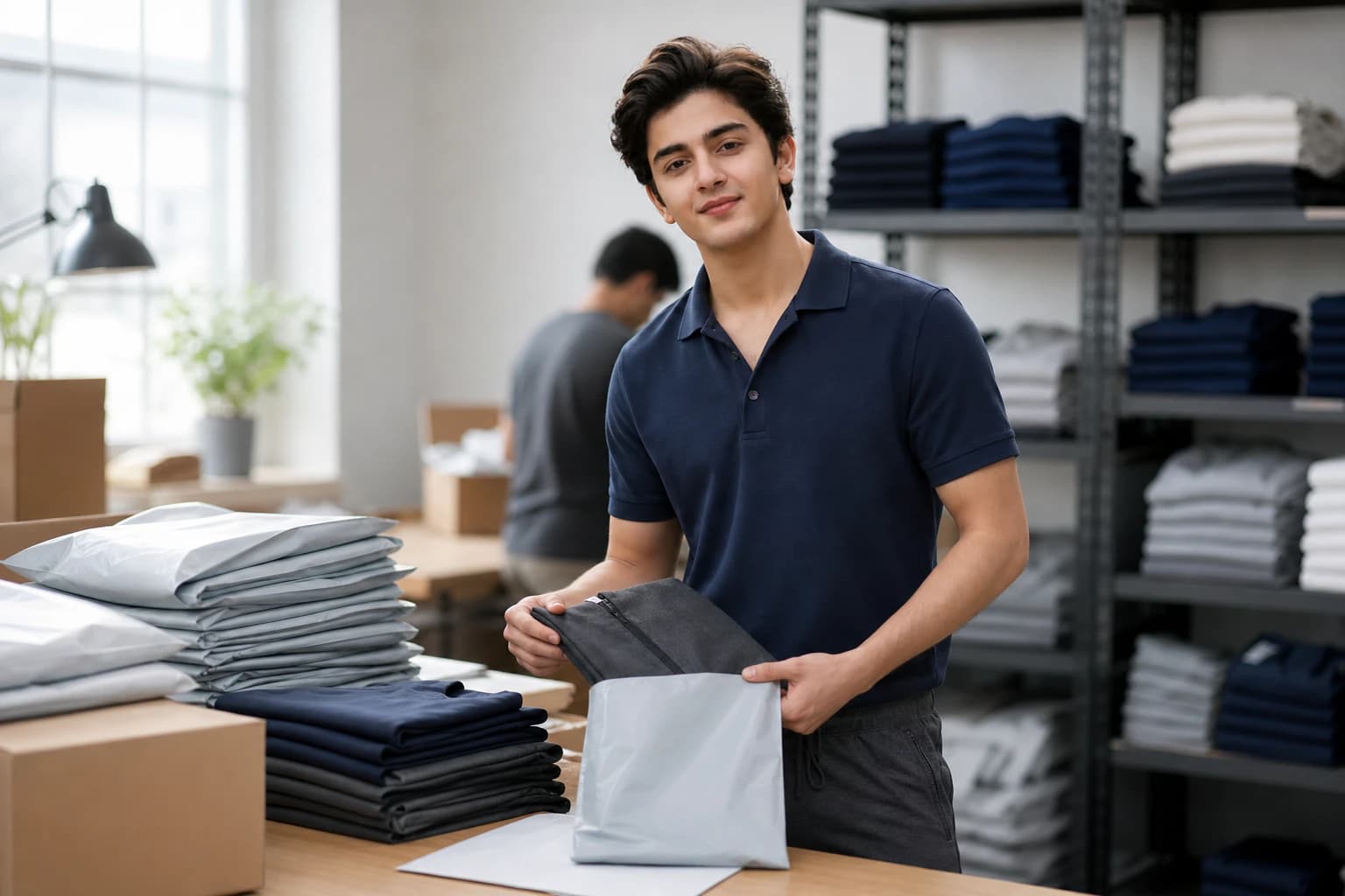 E-commerce brand operator preparing a private label activewear product drop