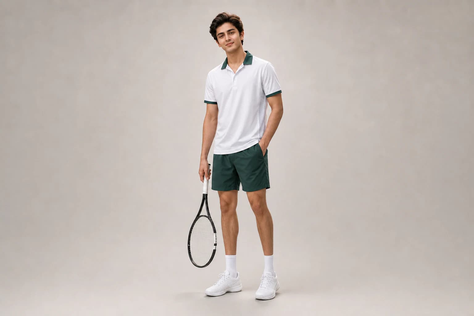 Model wearing a green club kit with matching shorts