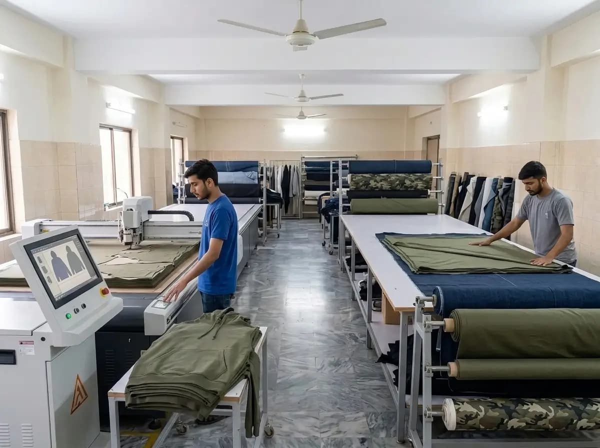 GenXport team cutting fabric for custom streetwear production