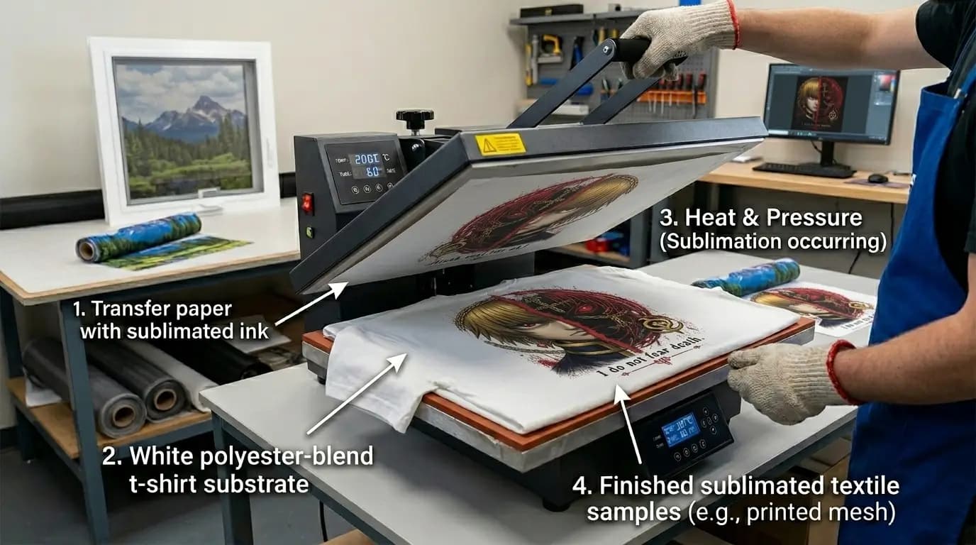 What is sublimation printing shown on finished dye-sublimated garments with ink bonded into the polyester fibre