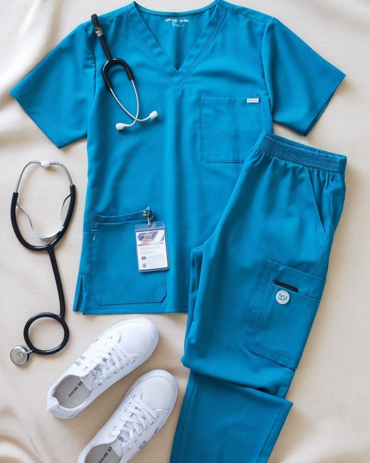 Teal clinic scrub set with stethoscope and staff ID badge