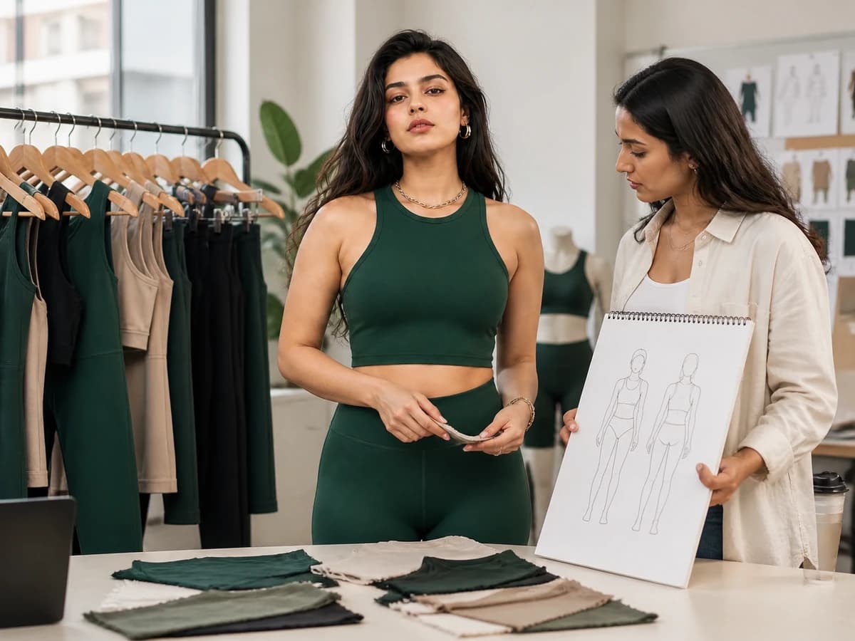 Athleisure founder reviewing coordinated yoga garments with a product developer