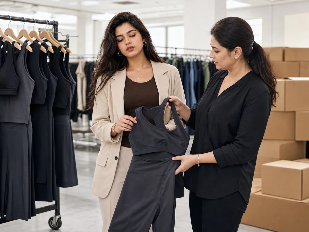 Distributor inspecting yoga activewear in an export-ready showroom