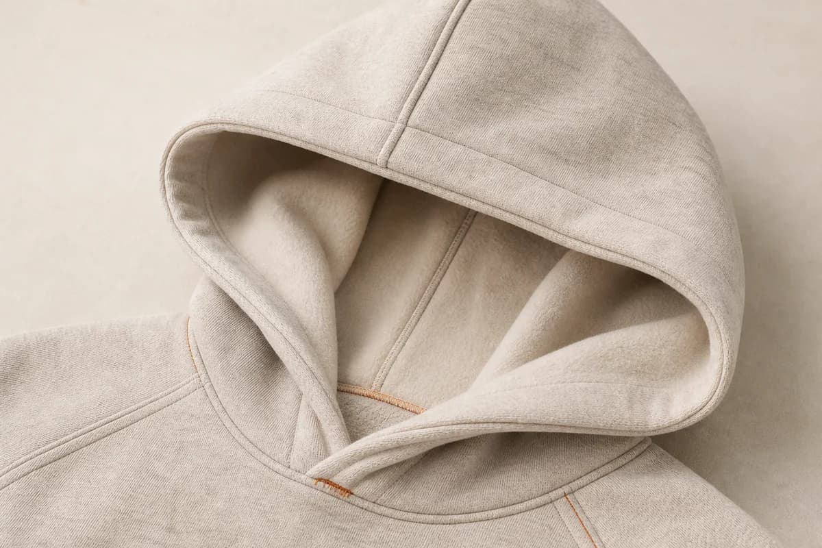 Soft lined hood construction on a women's hoodie