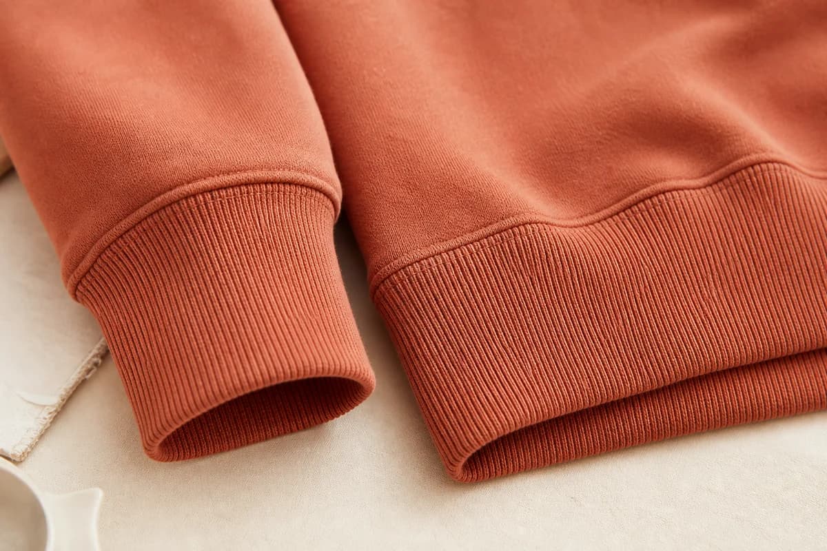 Rib-knit cuff and bottom hem construction on a women's hoodie