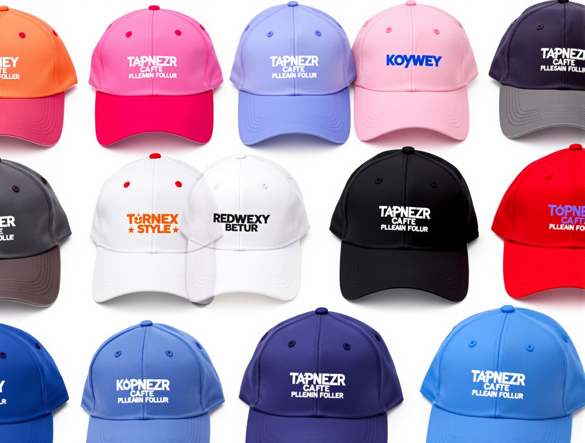 Collection of branded caps showing color consistency