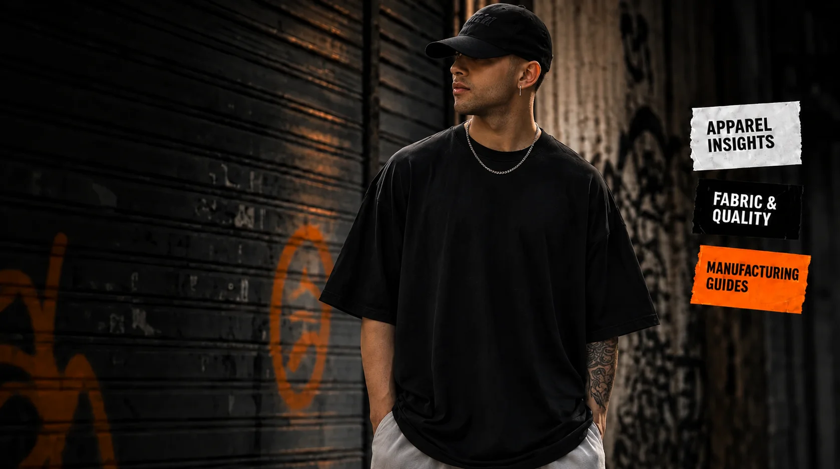 Model in an oversized black T-shirt and cap, representing apparel manufacturing insights