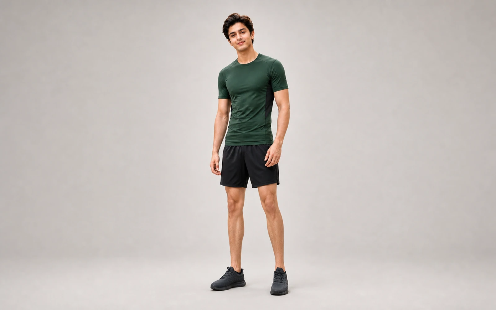 Male model wearing a forest-green performance training T-shirt and black sports shorts
