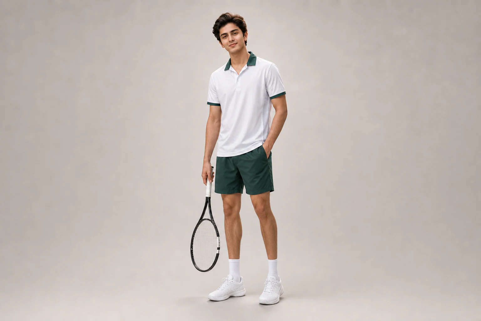 Male model wearing a custom white and green tennis polo set